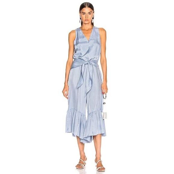 Tibi Cami Jumpsuit Wide Cropped leg Ruffle Hem Blue SZ 0 - Picture 1 of 16